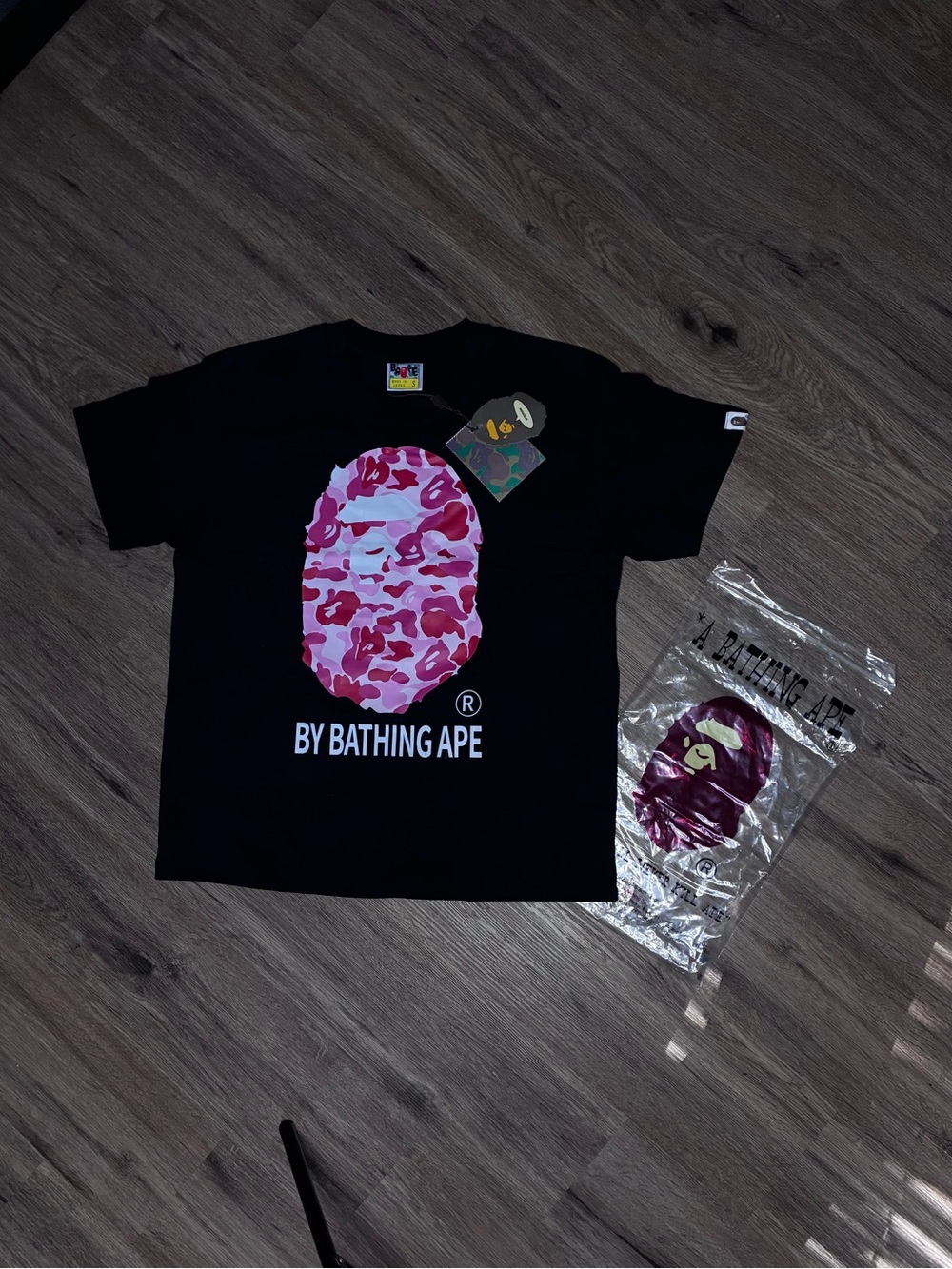 Bape Black Tee with Pink Camo Ape Head